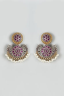 Antique Silver Finish Kundan Polki Chandbali Earrings