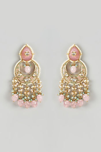 Gold Finish Kundan Polki & Semi-Precious Stone Chandbali Earrings