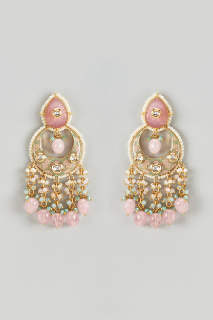 Gold Finish Kundan Polki & Semi-Precious Stone Chandbali Earrings