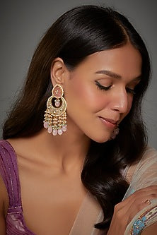 Gold Finish Kundan Polki & Semi-Precious Stone Chandbali Earrings