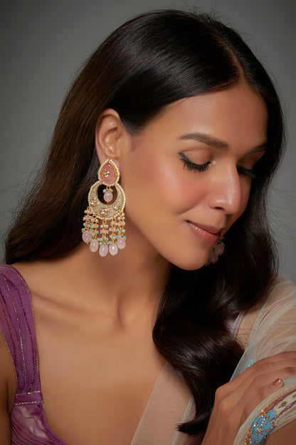 Gold Finish Kundan Polki & Semi-Precious Stone Chandbali Earrings