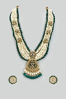Gold Finish Kundan Polki & Semi-Precious Stone Long Necklace Set