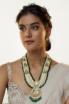 Gold Finish Kundan Polki & Semi-Precious Stone Long Necklace Set