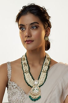 Gold Finish Kundan Polki & Semi-Precious Stone Long Necklace Set