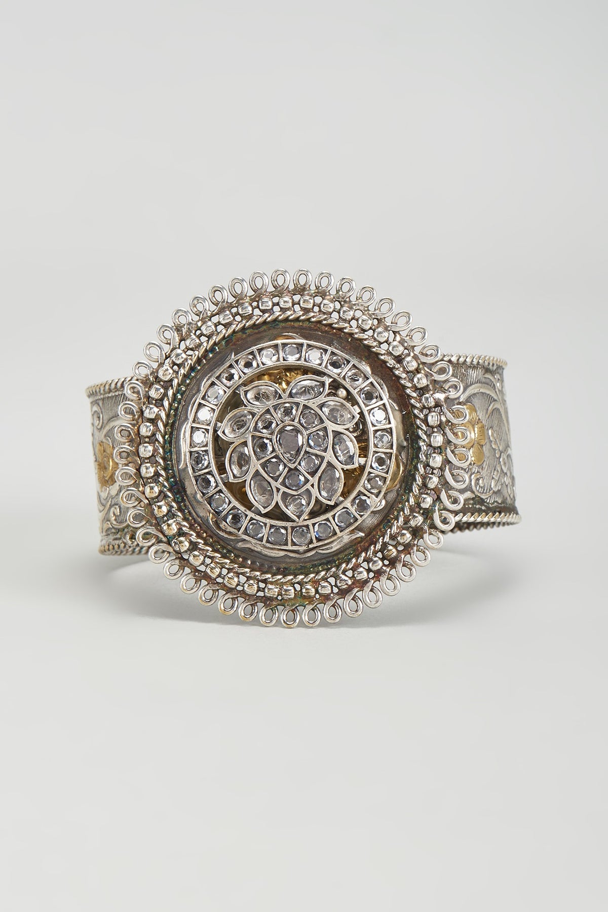 Antique Silver Finish Kundan Polki Bracelet