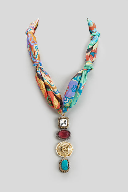 Two Tone Finish Multi-Colored Kundan Polki Scarf Necklace