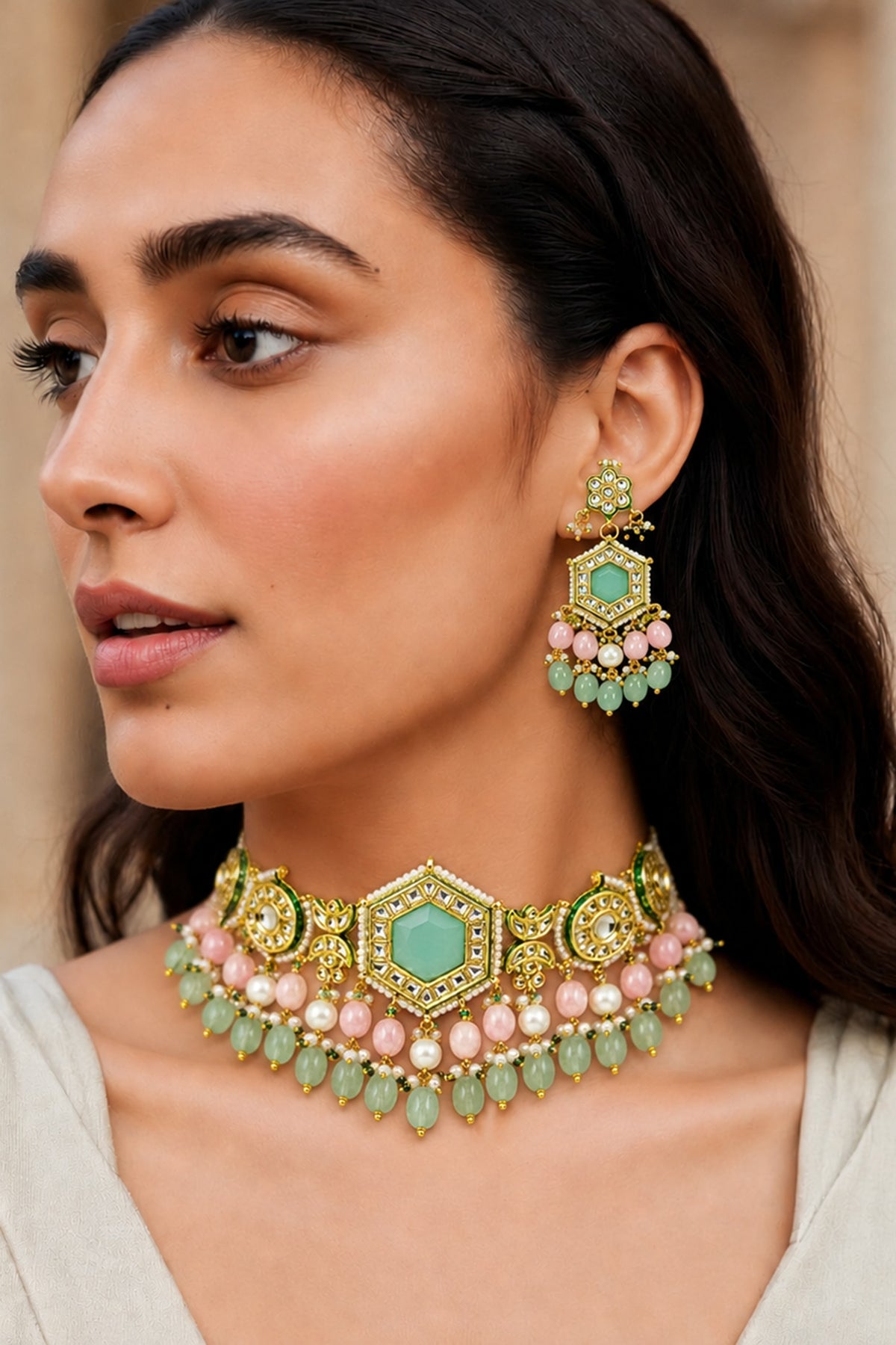Gold Finish Kundan Polki & Mint Stone Necklace Set