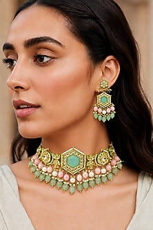 Gold Finish Kundan Polki & Mint Stone Necklace Set