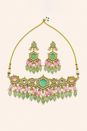Gold Finish Kundan Polki & Mint Stone Necklace Set