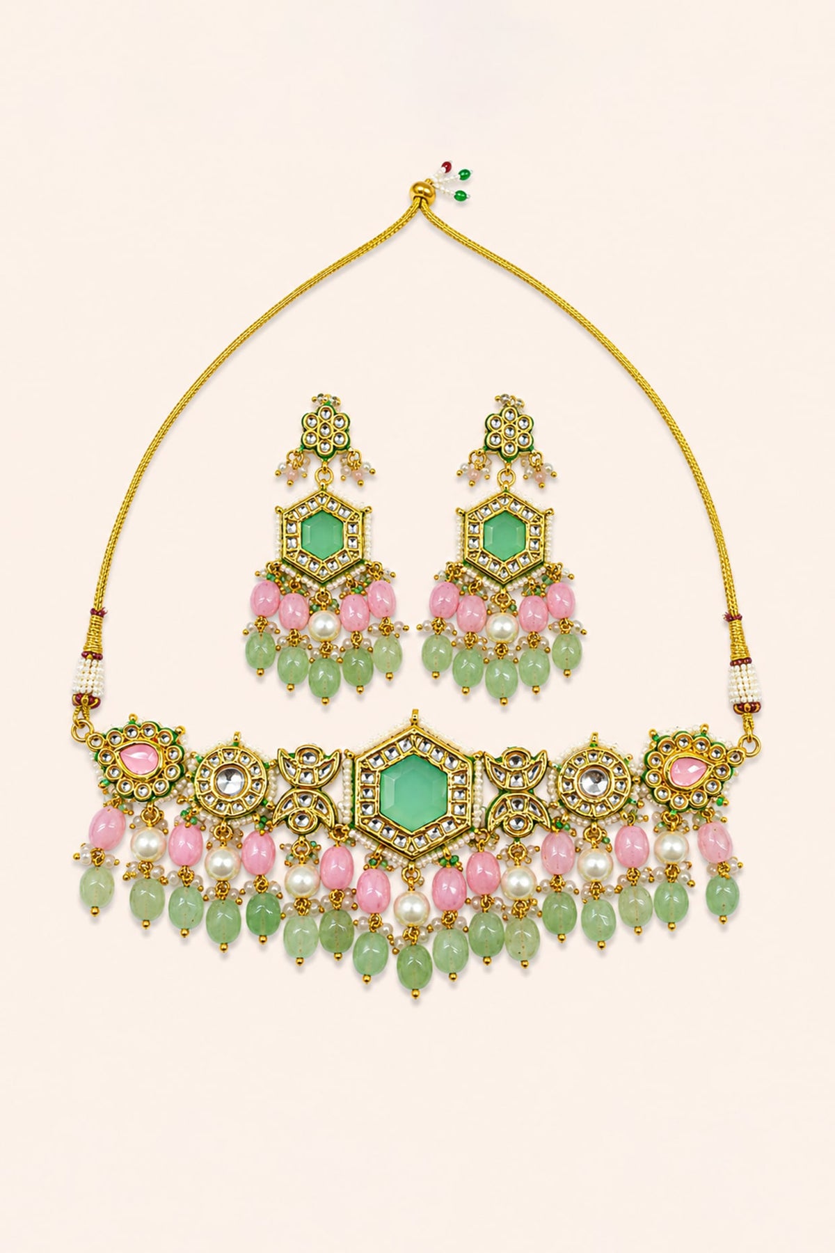 Gold Finish Kundan Polki & Mint Stone Necklace Set