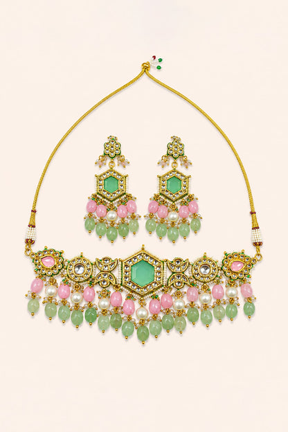 Gold Finish Kundan Polki & Mint Stone Necklace Set