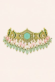 Gold Finish Kundan Polki & Mint Stone Necklace Set