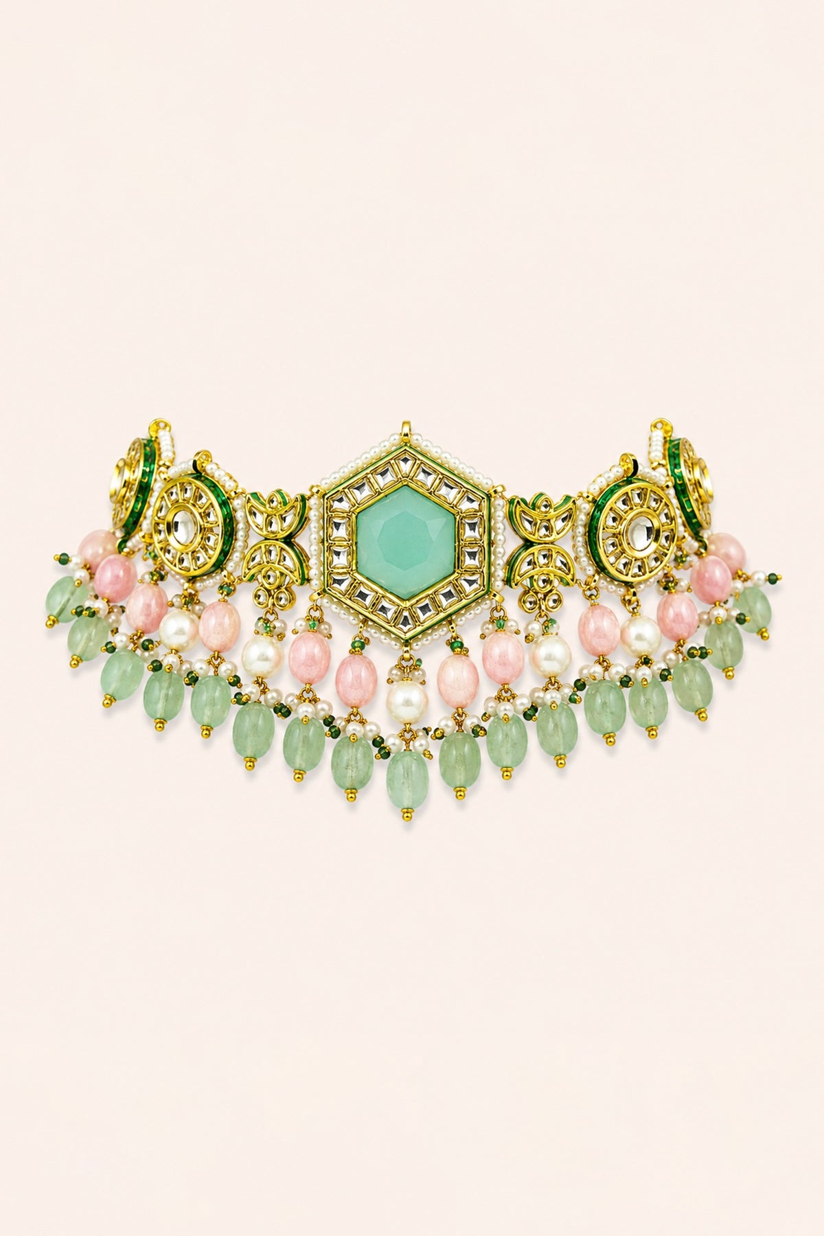 Gold Finish Kundan Polki & Mint Stone Necklace Set