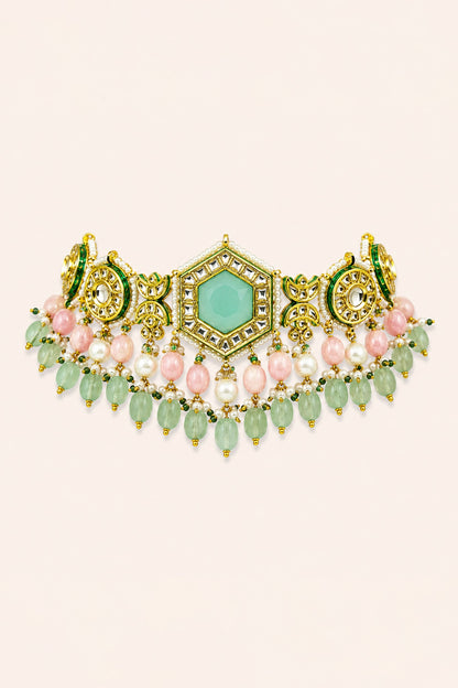 Gold Finish Kundan Polki & Mint Stone Necklace Set