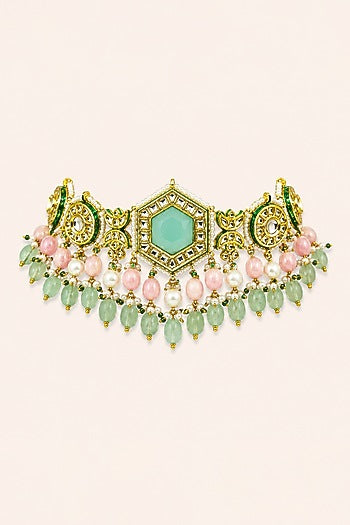 Gold Finish Kundan Polki & Mint Stone Necklace Set