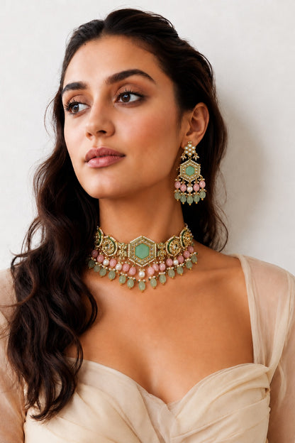 Gold Finish Kundan Polki & Mint Stone Necklace Set