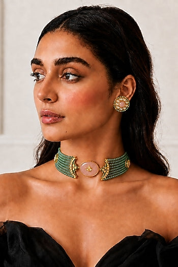 Gold Finish Kundan Polki & Mint Stone Necklace Set