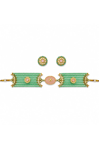 Gold Finish Kundan Polki & Mint Stone Necklace Set