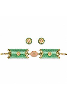 Gold Finish Kundan Polki & Mint Stone Necklace Set