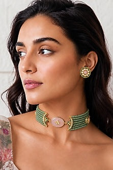 Gold Finish Kundan Polki & Mint Stone Necklace Set