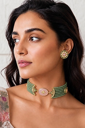 Gold Finish Kundan Polki & Mint Stone Necklace Set