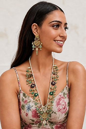Gold Finish Kundan Polki & Multi-Colored Stone Necklace Set