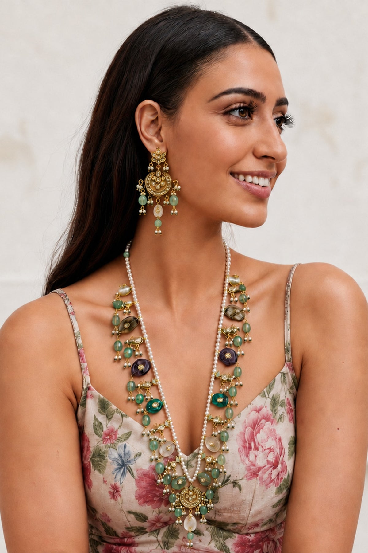 Gold Finish Kundan Polki & Multi-Colored Stone Necklace Set