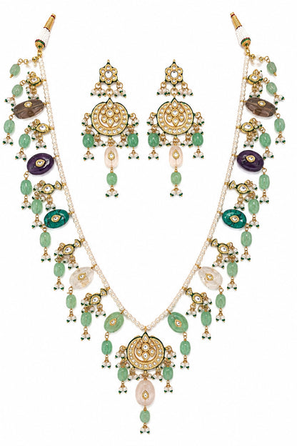 Gold Finish Kundan Polki & Multi-Colored Stone Necklace Set