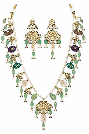Gold Finish Kundan Polki & Multi-Colored Stone Necklace Set
