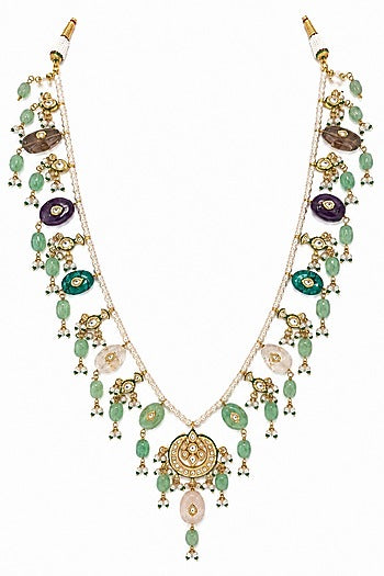 Gold Finish Kundan Polki & Multi-Colored Stone Necklace Set