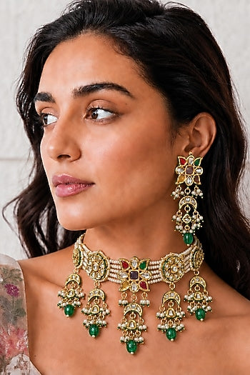 Gold Finish Kundan Polki & Multi-Colored Stone Necklace Set