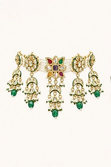 Gold Finish Kundan Polki & Multi-Colored Stone Necklace Set