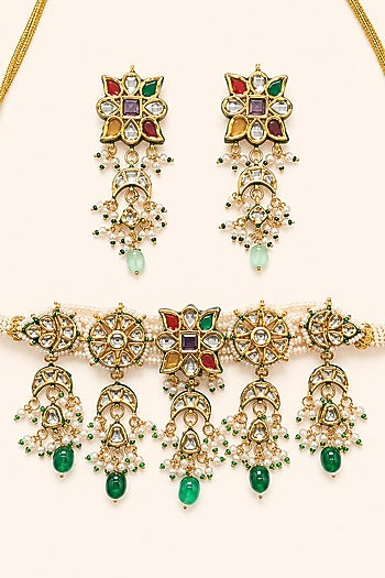 Gold Finish Kundan Polki & Multi-Colored Stone Necklace Set