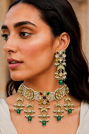 Gold Finish Kundan Polki & Multi-Colored Stone Necklace Set