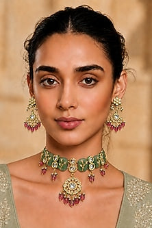 Gold Finish Kundan Polki & Ruby Stone Necklace Set