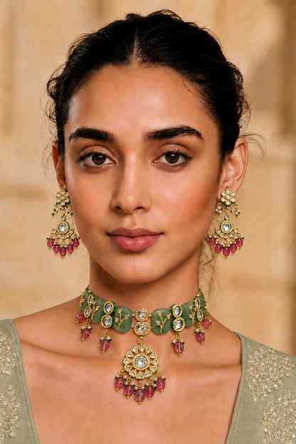 Gold Finish Kundan Polki & Ruby Stone Necklace Set