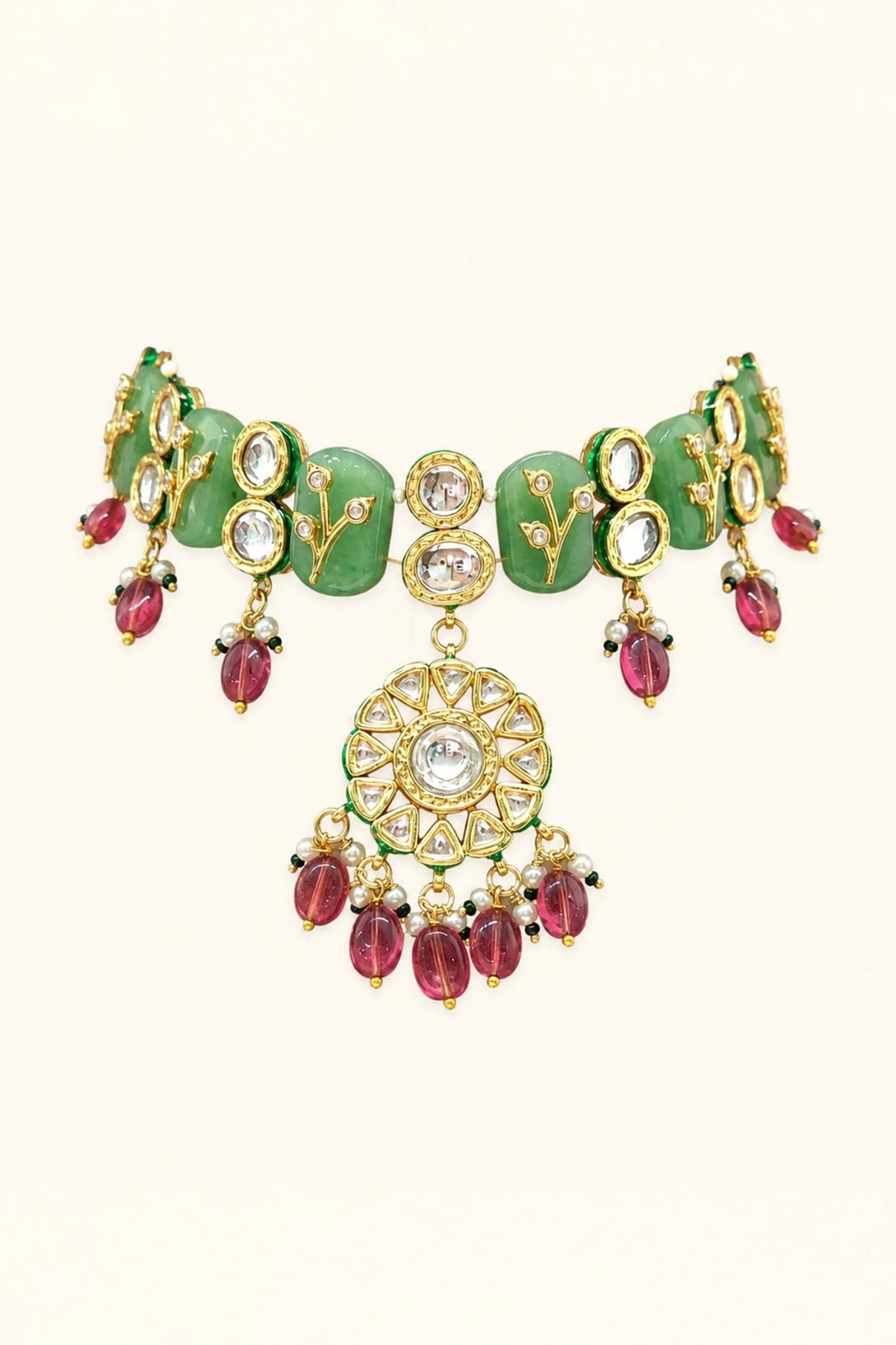 Gold Finish Kundan Polki & Ruby Stone Necklace Set