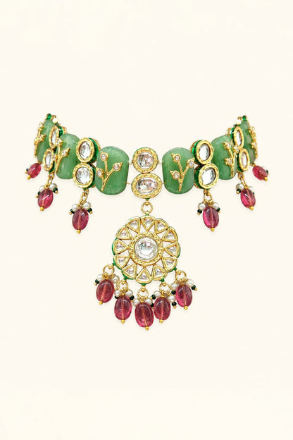Gold Finish Kundan Polki & Ruby Stone Necklace Set