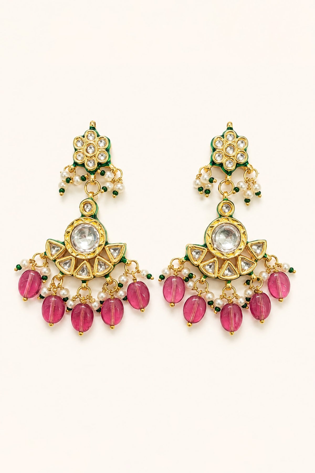 Gold Finish Kundan Polki & Ruby Stone Necklace Set