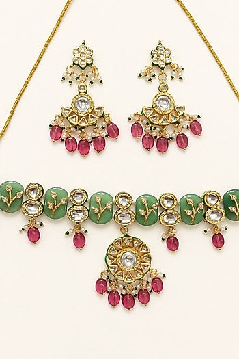 Gold Finish Kundan Polki & Ruby Stone Necklace Set
