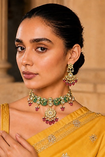 Gold Finish Kundan Polki & Ruby Stone Necklace Set