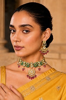 Gold Finish Kundan Polki & Ruby Stone Necklace Set