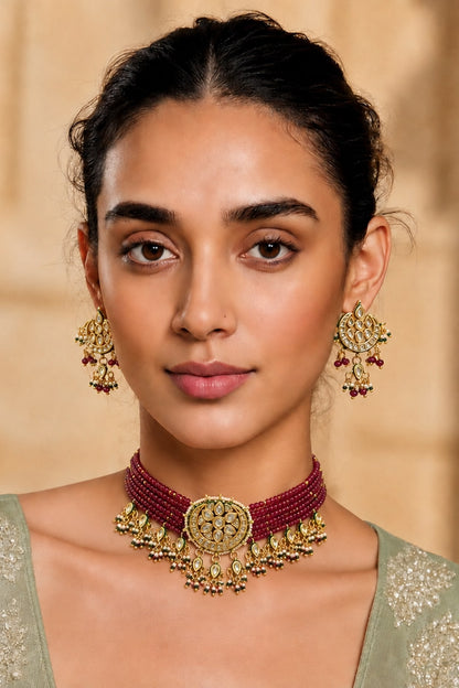 Gold Finish Kundan Polki & Red Stone Necklace Set