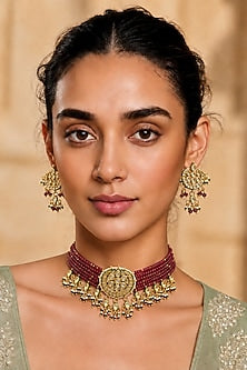 Gold Finish Kundan Polki & Red Stone Necklace Set