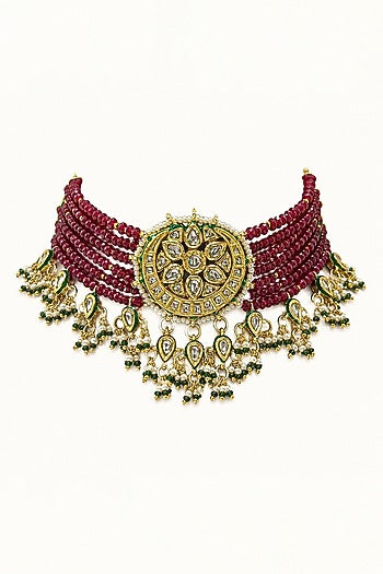 Gold Finish Kundan Polki & Red Stone Necklace Set