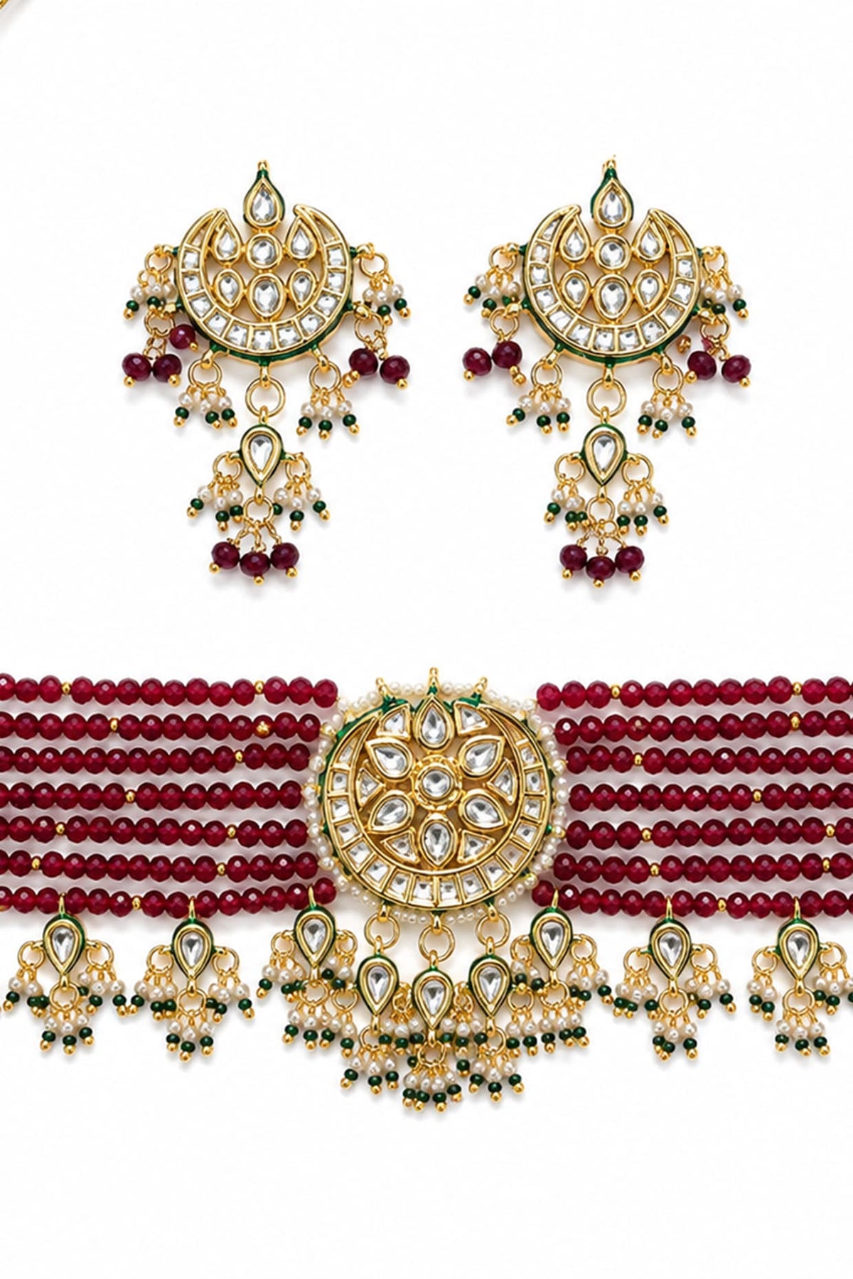 Gold Finish Kundan Polki & Red Stone Necklace Set