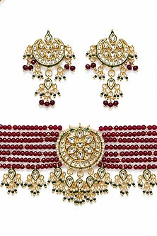 Gold Finish Kundan Polki & Red Stone Necklace Set