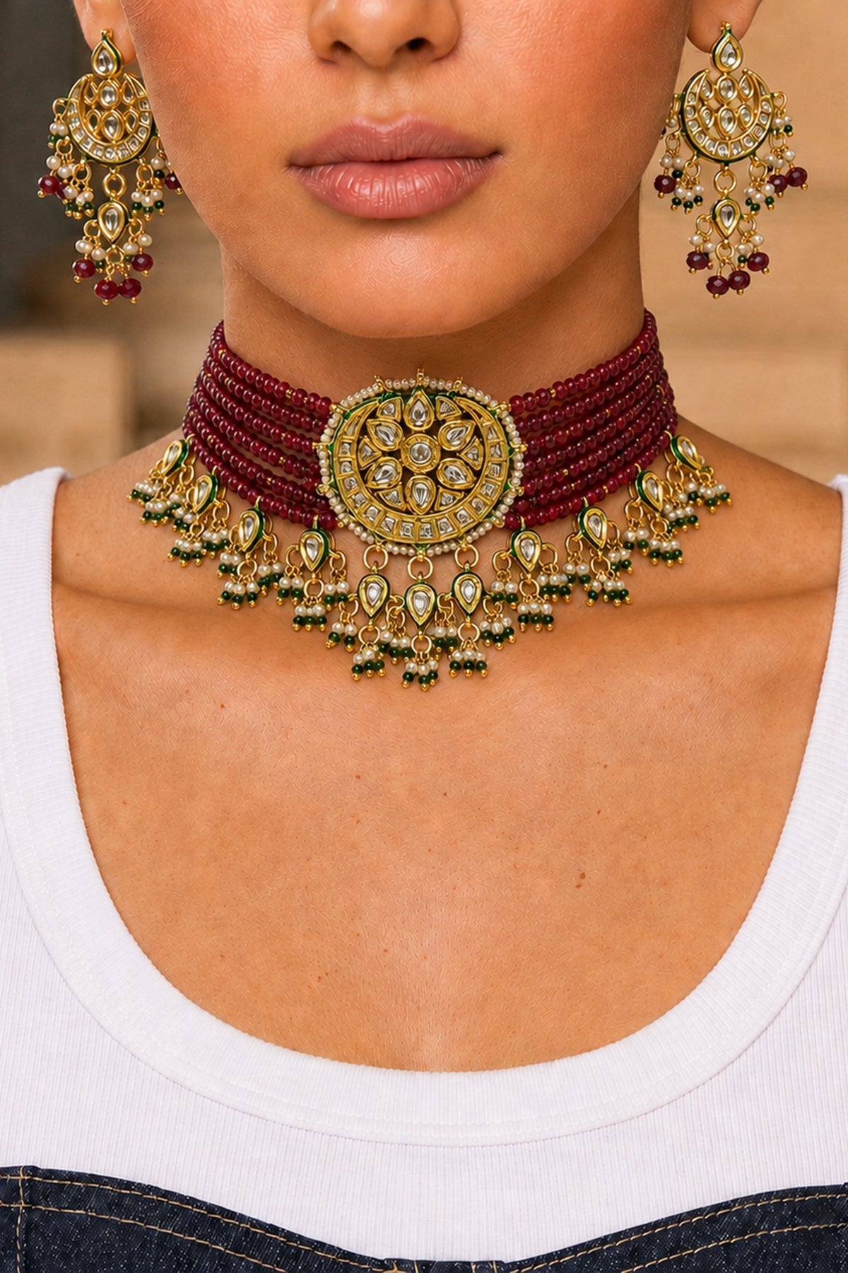 Gold Finish Kundan Polki & Red Stone Necklace Set