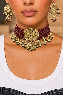 Gold Finish Kundan Polki & Red Stone Necklace Set