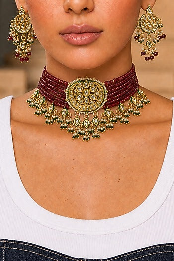 Gold Finish Kundan Polki & Red Stone Necklace Set